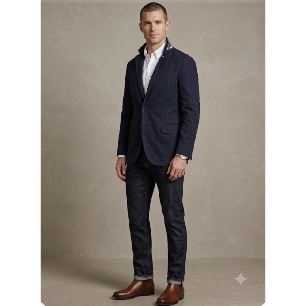 Thomas Pink Navy Blue Cotton Blazer Pink Striped Lining Fox Collar Detail 40R